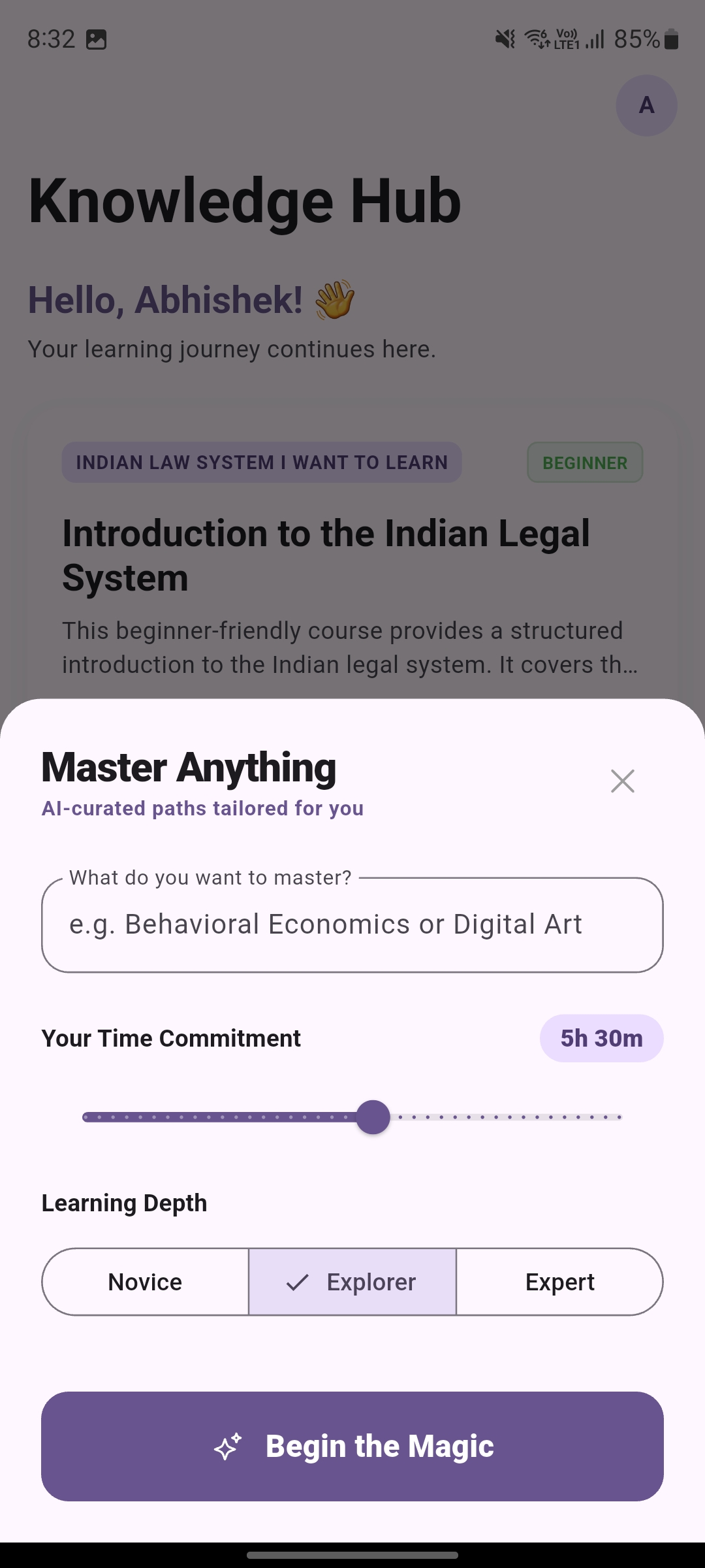 Curator AI course generation screen – enter topic, time budget, and difficulty level