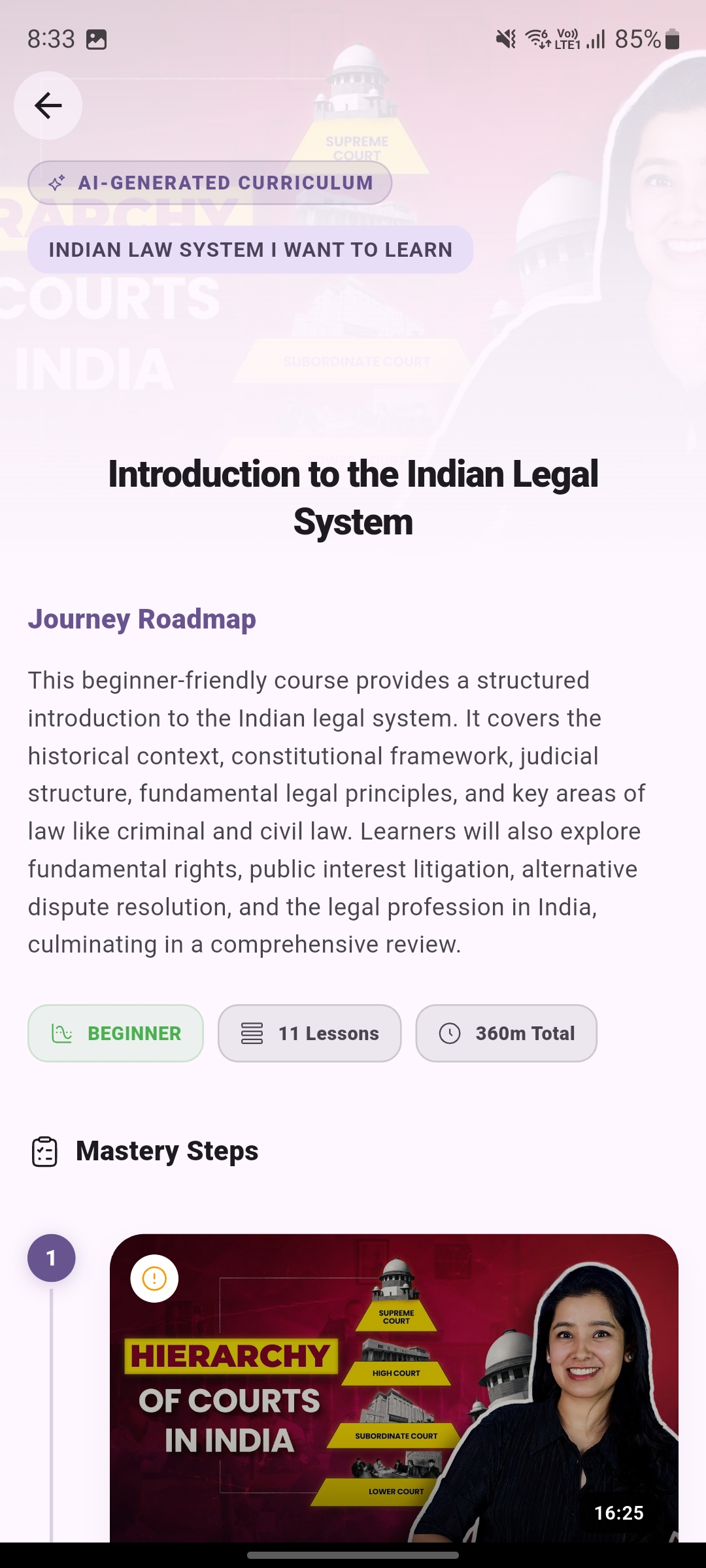 Curator AI course view with curated YouTube sections, summaries, quizzes and flashcards
